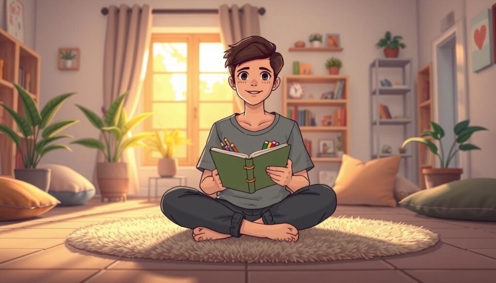 A serene and inviting scene depicting a peaceful indoor space designed for self-reflection. In the foreground, a young adult, dressed in modest casual clothing, sits cross-legged on a plush rug, surrounded by soft cushions. They hold a journal with colorful pens, symbolizing the process of exploring their inner child’s needs. In the middle ground, a window lets in warm, golden sunlight, casting gentle shadows. Plants in decorative pots add a touch of nature, enhancing the calming atmosphere. In the background, shelves filled with books and personal mementos create a cozy, nurturing environment. The overall mood is one of tranquility and self-discovery, inviting the viewer to reflect on their emotional journey. The image is illuminated with soft, natural lighting, captured with a shallow depth of field to focus on the young adult. nextself.ai A serene and inviting scene depicting a peaceful indoor space designed for self-reflection. In the foreground, a young adult, dressed in modest casual clothing, sits cross-legged on a plush rug, surrounded by soft cushions. They hold a journal with colorful pens, symbolizing the process of exploring their inner child’s needs. In the middle ground, a window lets in warm, golden sunlight, casting gentle shadows. Plants in decorative pots add a touch of nature, enhancing the calming atmosphere. In the background, shelves filled with books and personal mementos create a cozy, nurturing environment. The overall mood is one of tranquility and self-discovery, inviting the viewer to reflect on their emotional journey. The image is illuminated with soft, natural lighting, captured with a shallow depth of field to focus on the young adult. nextself.ai