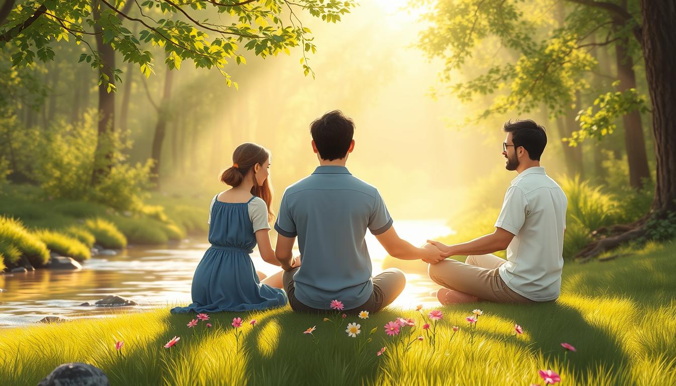 People sitting peacefully by a stream in warm light